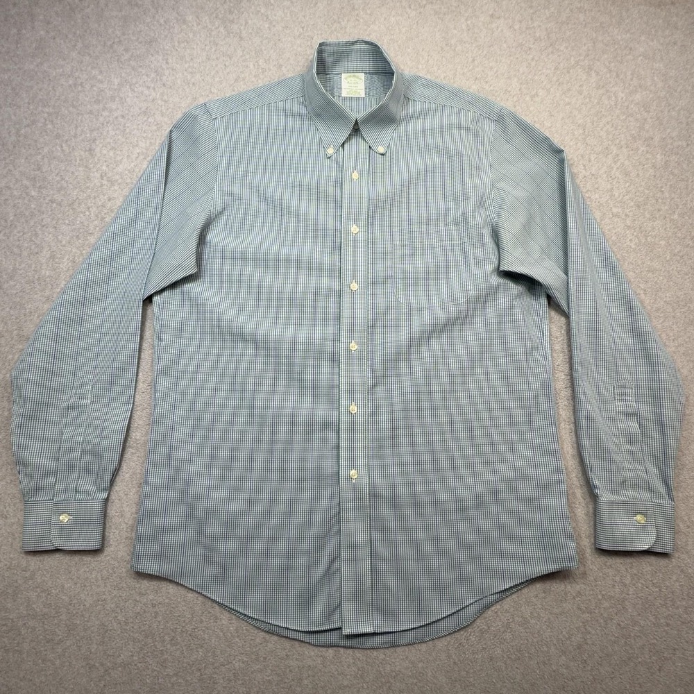 Brooks Brothers Milano Shirt Mens 16 35 Blue Gingham Non Iron Supima Cotton